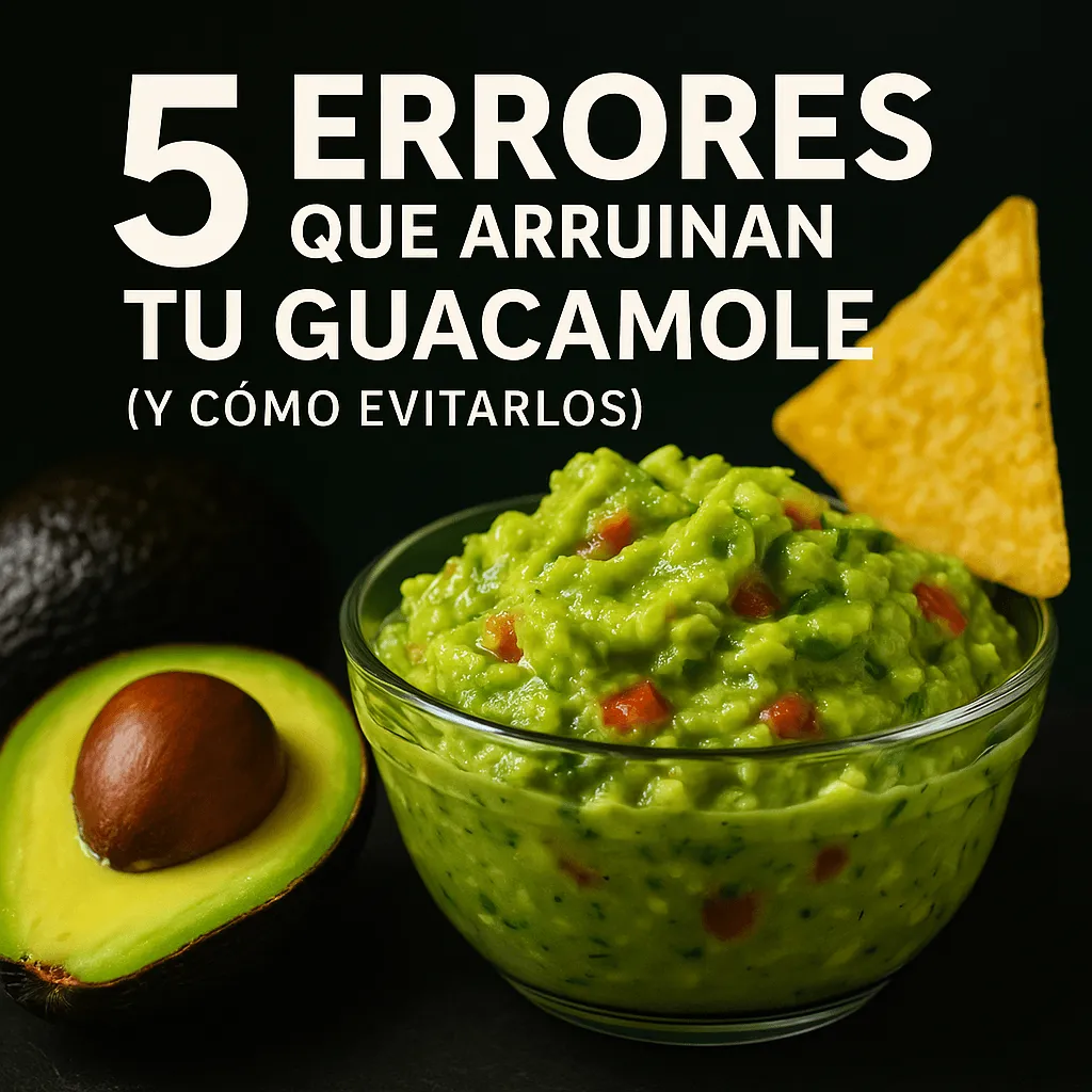 Tarjeta verde con el rótulo «5 errores que arruinan tu guacamole» sobre un bowl de guacamole y un nacho