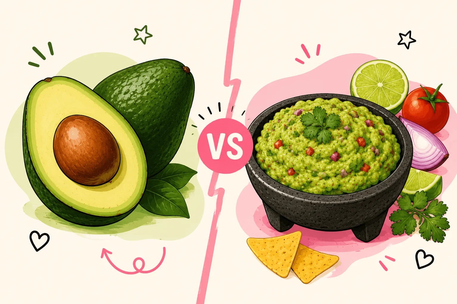 Ilustración comparativa lado a lado: aguacate entero con hoja a la izquierda, bowl de guacamole con ingredientes a la derecha, separados por un símbolo VS