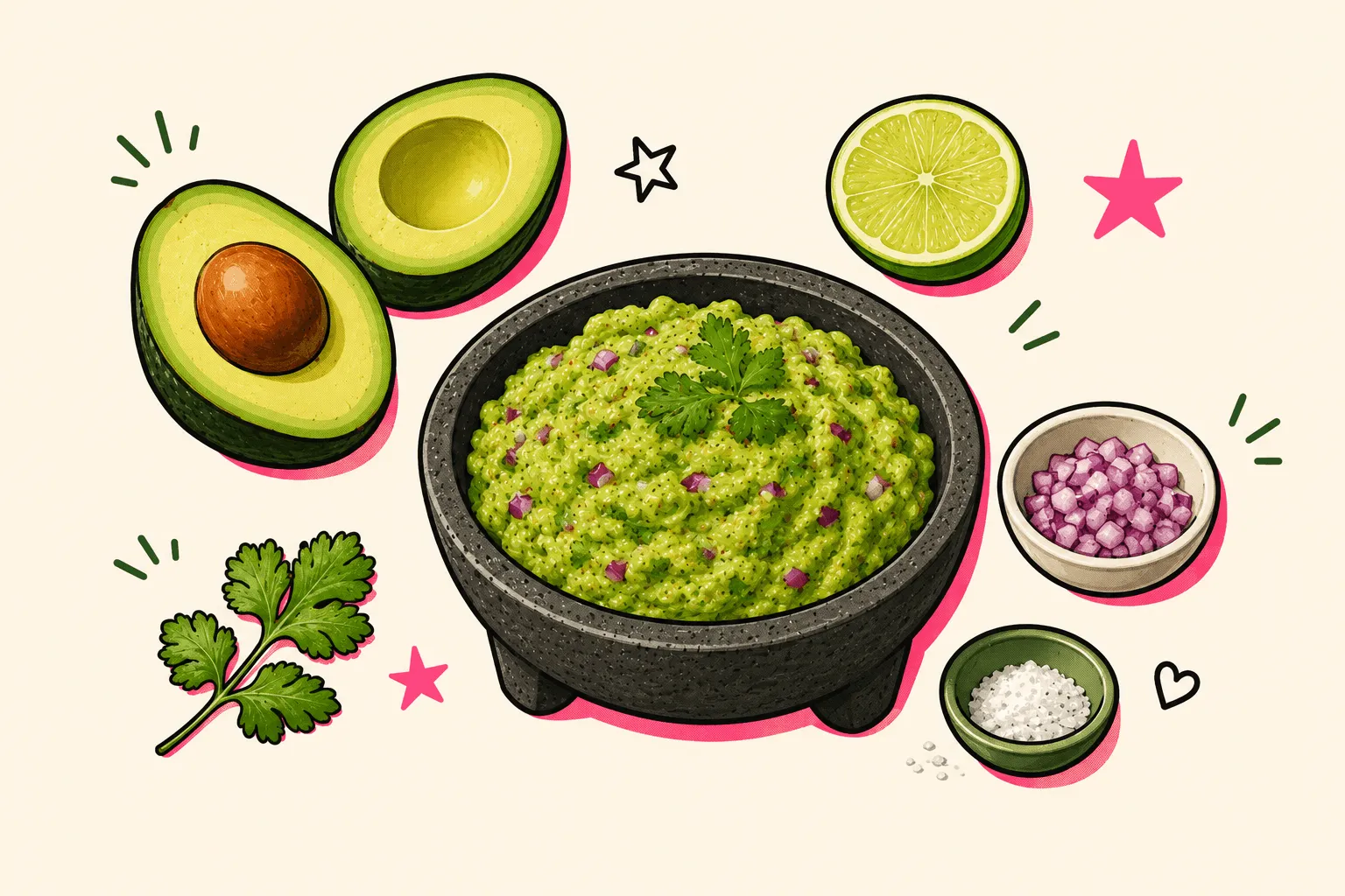 Ilustración de molcajete con guacamole fresco rodeado de los ingredientes de la receta: aguacate, lima, cilantro, cebolla morada y sal