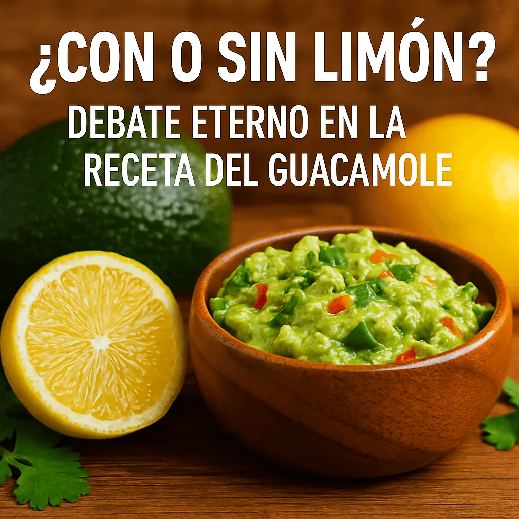 Tarjeta verde con el rótulo «¿Con o sin limón? Debate eterno» sobre un bowl de guacamole y limón