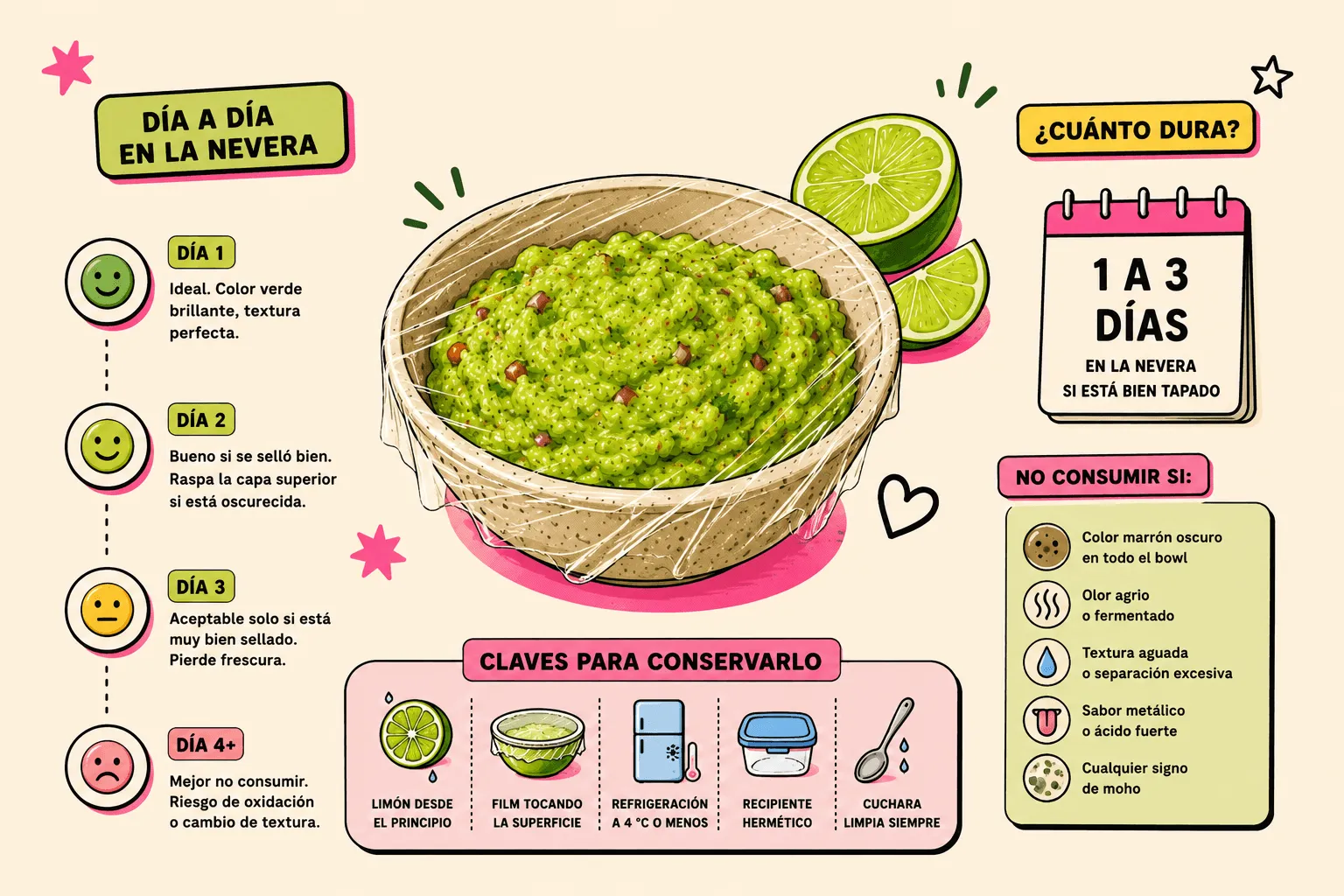 Infografía de duración del guacamole en la nevera día por día, claves para conservarlo y señales para no consumirlo