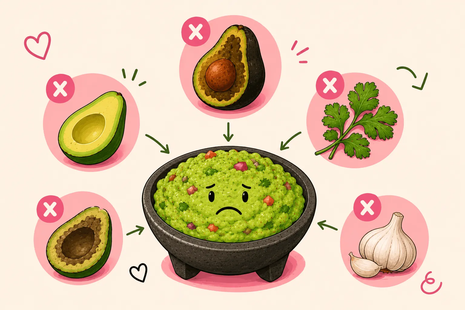 Ilustración de bowl de guacamole con cara triste rodeado de las 5 causas comunes de amargor: aguacate maduro, aguacate verde, exceso de cilantro, oxidación y ajo crudo en exceso