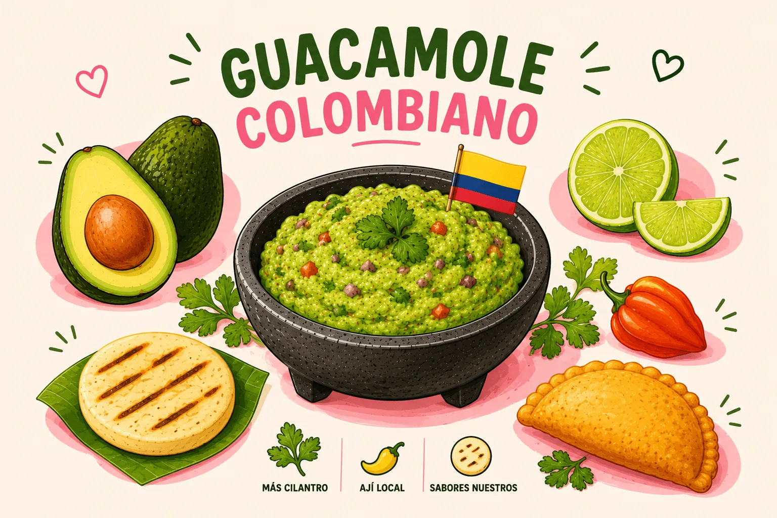 Ilustración de guacamole colombiano con bandera de Colombia, rodeado de arepa asada, ají dulce, empanada, aguacate y lima — con leyenda «más cilantro, ají local, sabores nuestros»