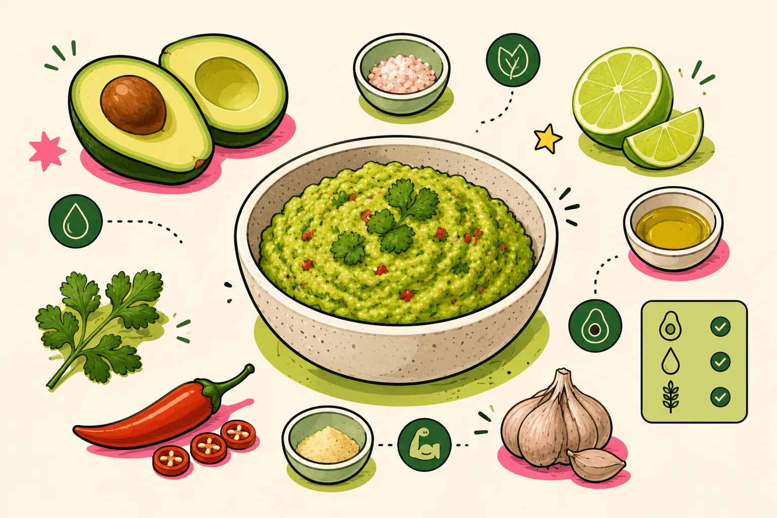 Ilustración de bowl de guacamole keto rodeado de ingredientes saludables: aguacate, lima, cilantro, ají, ajo, sal marina, aceite de oliva y certificaciones de macros aprobadas
