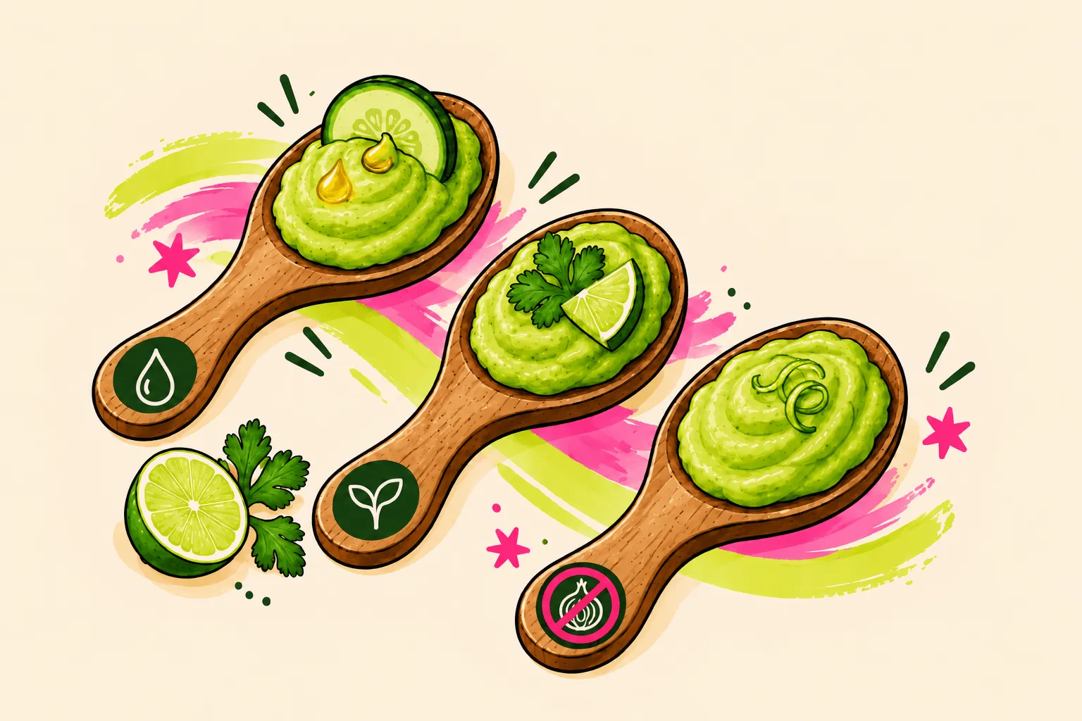 Ilustración de tres cucharas de madera con guacamole cremoso: versión keto con aceite de oliva y pepino, vegana con cilantro y limón, y sin cebolla