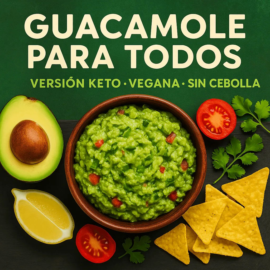 Tarjeta verde con el rótulo «Guacamole para todos: keto, vegana, sin cebolla» sobre un bowl con tomates y nachos