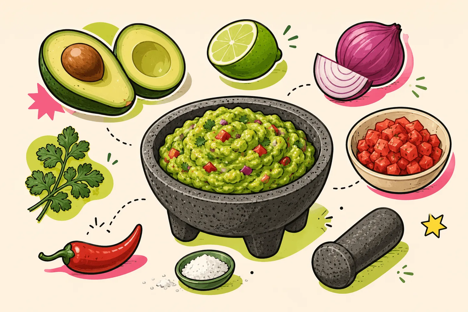 Ilustración de molcajete con guacamole rodeado de sus ingredientes principales: aguacate, lima, cebolla morada, tomate, cilantro, ají y sal